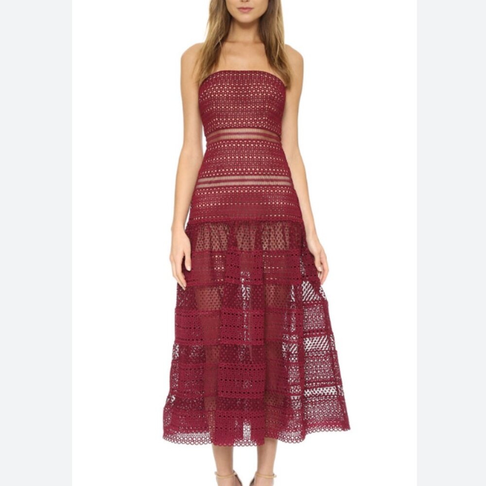 Self Portrait Sculpted Strapless Dress in Burgundy Maroon - Size 4 / S